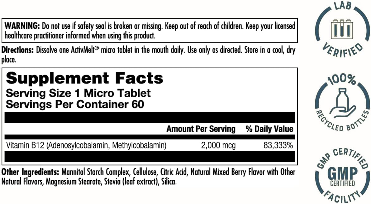 KAL Vitamin B12 Methylcobalamin & Adenosylcobalamin 2000 µg ActivMelt - Mixed Berry, 60 Micro Tablets - görsel 2