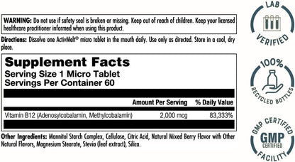 KAL Vitamin B12 Methylcobalamin & Adenosylcobalamin 2000 µg ActivMelt - Mixed Berry, 60 Micro Tablets