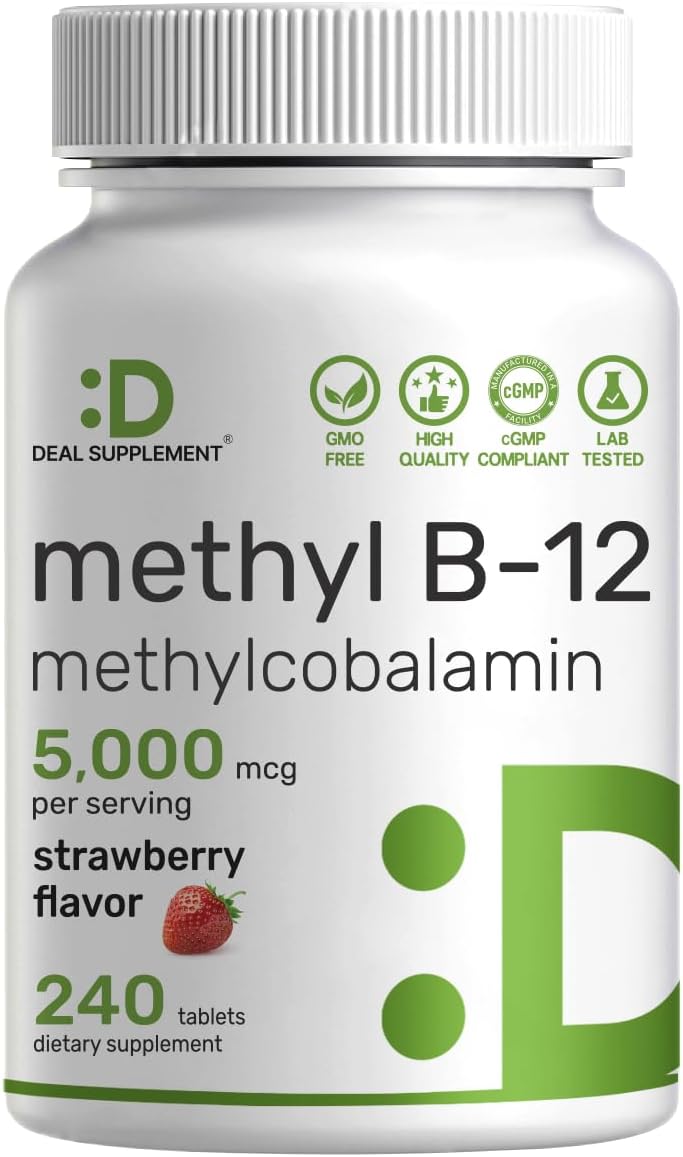 DEAL SUPPLEMENT Methyl B-12 5000 mcg Chewable Tablets - Active Methylcobalamin, Strawberry Flavoured, 240 Count - görsel 1