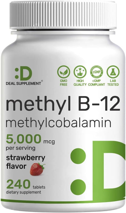 DEAL SUPPLEMENT Methyl B-12 5000 mcg Chewable Tablets - Active Methylcobalamin, Strawberry Flavoured, 240 Count