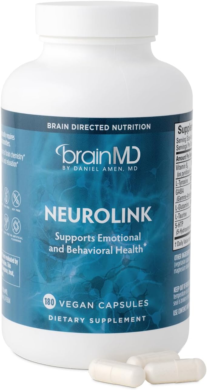 BRAINMD NeuroLink - Brain Function Supplement with GABA, 5-HTP, L-Tyrosine - 180 Capsules - görsel 1