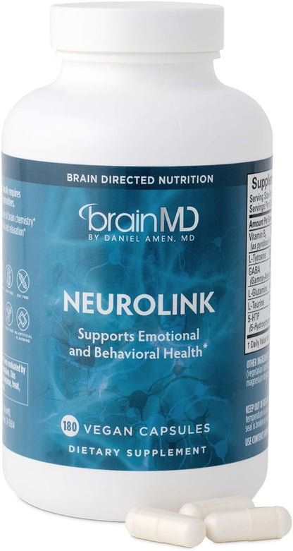 BRAINMD NeuroLink - Brain Function Supplement with GABA, 5-HTP, L-Tyrosine - 180 Capsules