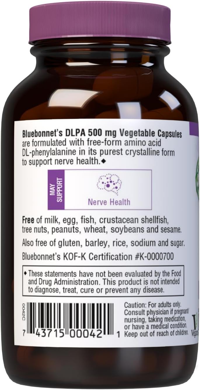 Bluebonnet Nutrition DL-Phenylalanine (DLPA) 500 mg – Free-Form Amino Acid for Nervous System Function – 60 Vegan Capsules - görsel 3