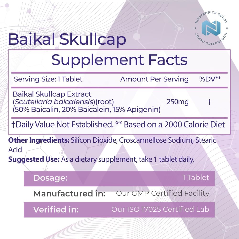 Nootropics Depot Baikal Skullcap Extract Tablets | 250 mg | 120 Tablets | >15% Apigenin, >20% Baicalein, >50% Baicalin - görsel 2