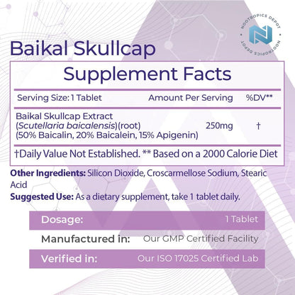 Nootropics Depot Baikal Skullcap Extract Tablets | 250 mg | 120 Tablets | >15% Apigenin, >20% Baicalein, >50% Baicalin