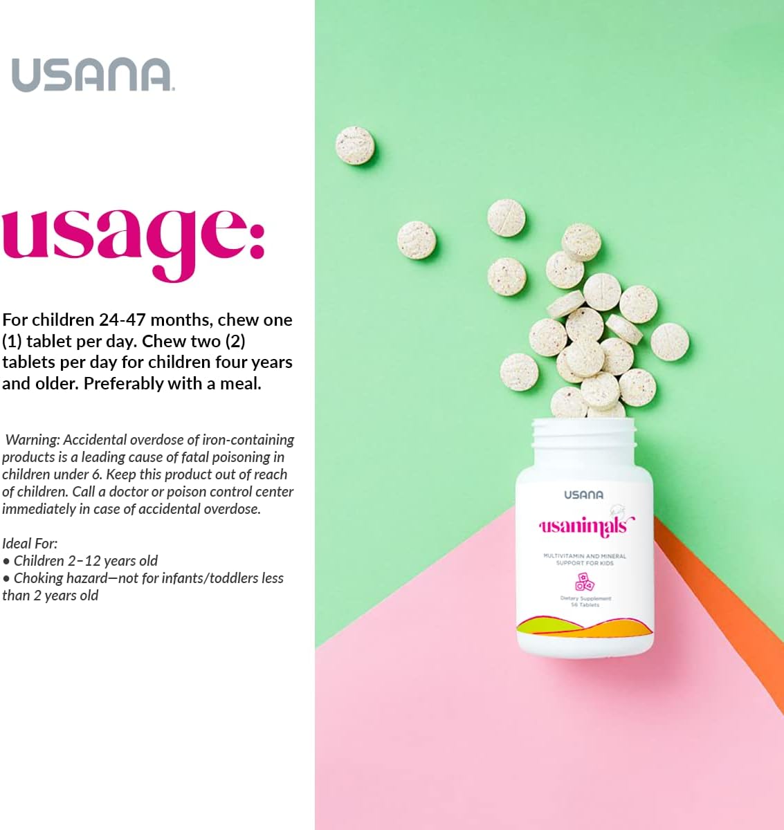 USANA Usanimals Multivitamin for Kids - Daily Chewable Tablets with Vitamins A, C, D, E, B6, B12, Zinc, Iron - Supports Immune & Bone Health - Essential Nutrients for Ages 2-12 - 56 Tablets - görsel 6