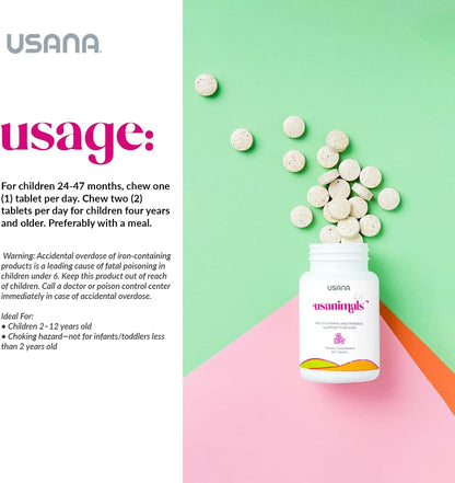 USANA Usanimals Multivitamin for Kids - Daily Chewable Tablets with Vitamins A, C, D, E, B6, B12, Zinc, Iron - Supports Immune & Bone Health - Essential Nutrients for Ages 2-12 - 56 Tablets