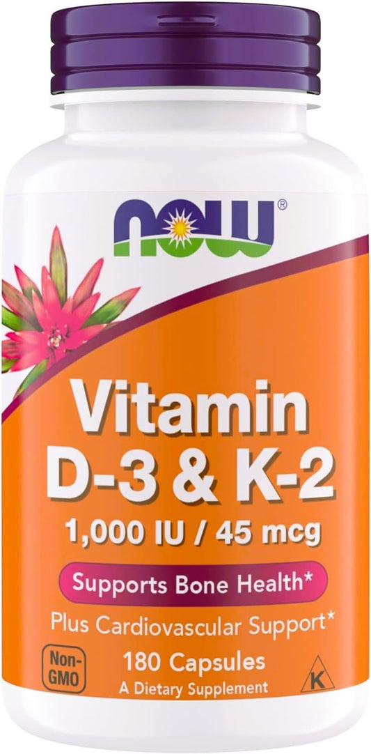 NOW Supplements Vitamin D3 and K2, 1,000 IU/45 mcg, Supports Bone Health, 180 Vegetarian Capsules – Vegan, Gluten-free, Kosher