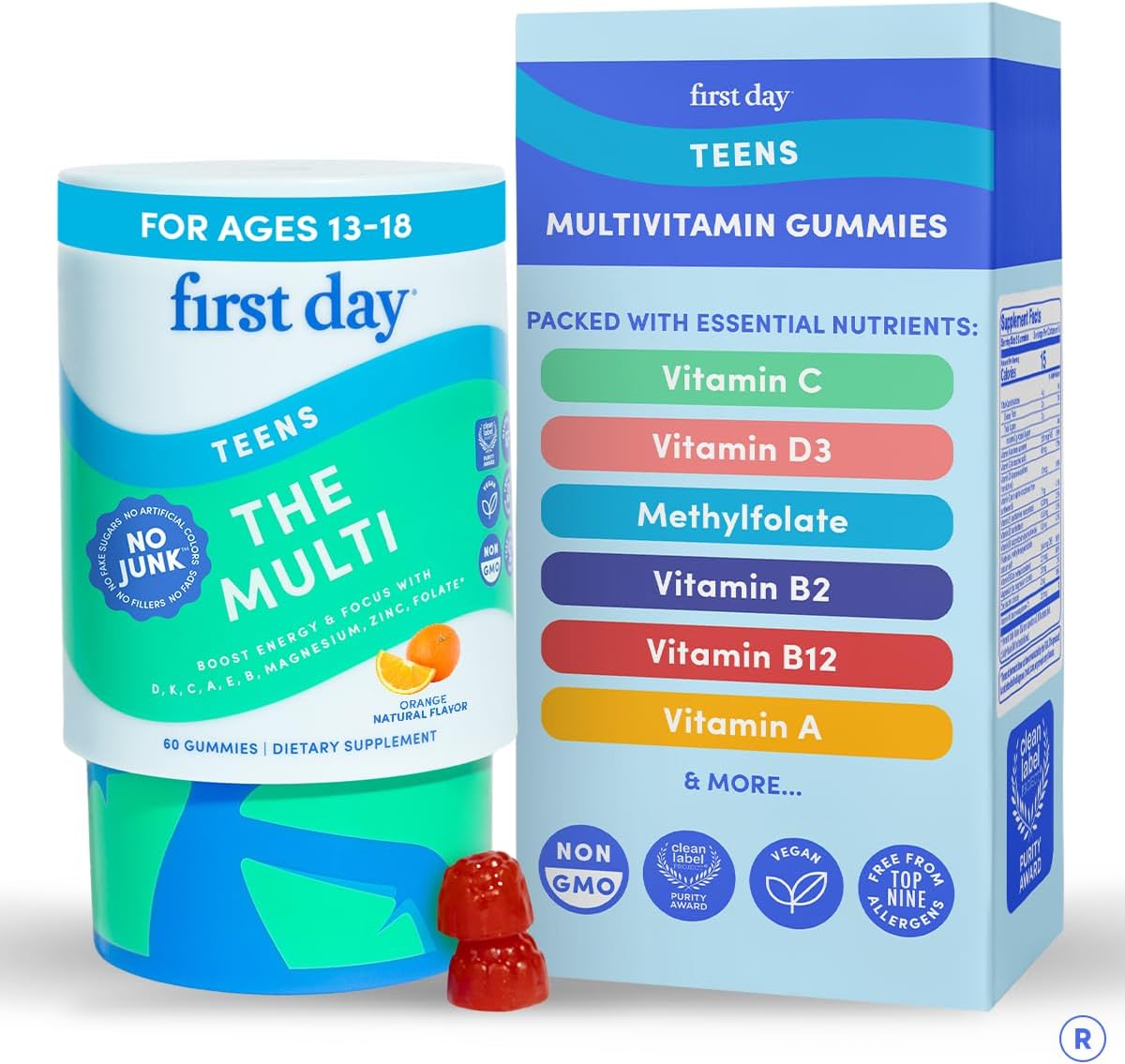 FIRST DAY Vitamins for Teens - Teen Multivitamins for Girls & Boys 12-17, Organic Fruit & Veg Blend - 12 Key Nutrients: Vitamins A, B1, B2, B6, B9, B12, C, D3, E, K2 - 60 Day Supply - görsel 9