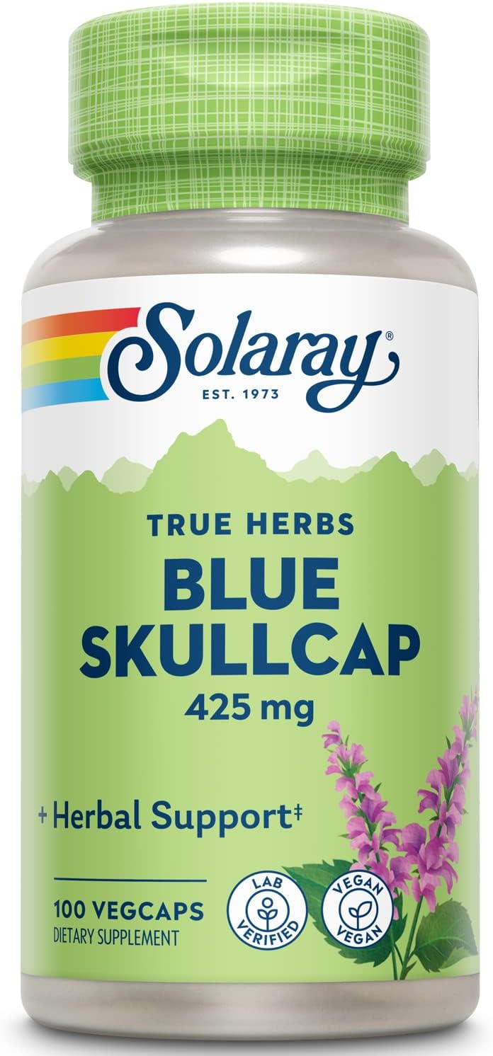 SOLARAY Blue Skullcap Supplement - 425mg Skullcap Extract Capsules, Whole Aerial, GM-Free, Laboratory Verified - 100 Vegetable Capsules - görsel 1