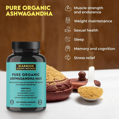 Pure Organic Ashwagandha Capsules with BioPerine - 2400 mg - 120 Capsules