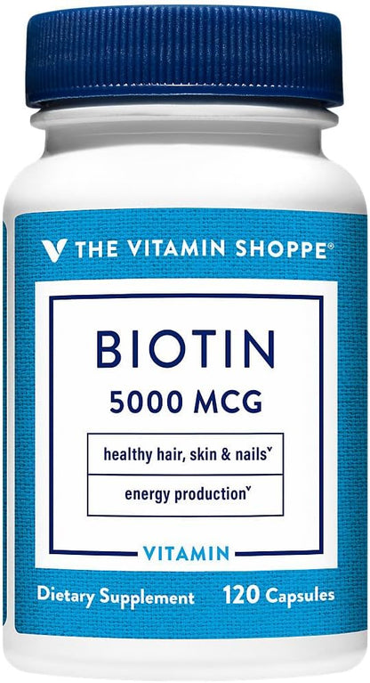 The Vitamin Shoppe Biotin 5,000mcg - Hair, Skin & Nail Support, High Strength B Vitamin (120 Capsules)