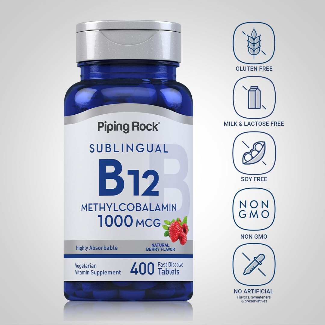 Piping Rock Vitamin B12 Sublingual Tablets - 1000 mcg Methylcobalamin, 400 Tablets, Berry Flavour - görsel 3