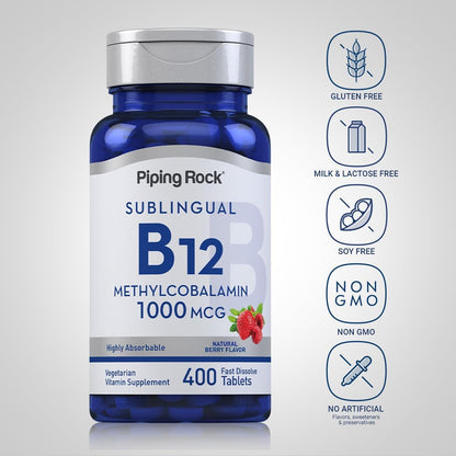 Piping Rock Vitamin B12 Sublingual Tablets - 1000 mcg Methylcobalamin, 400 Tablets, Berry Flavour
