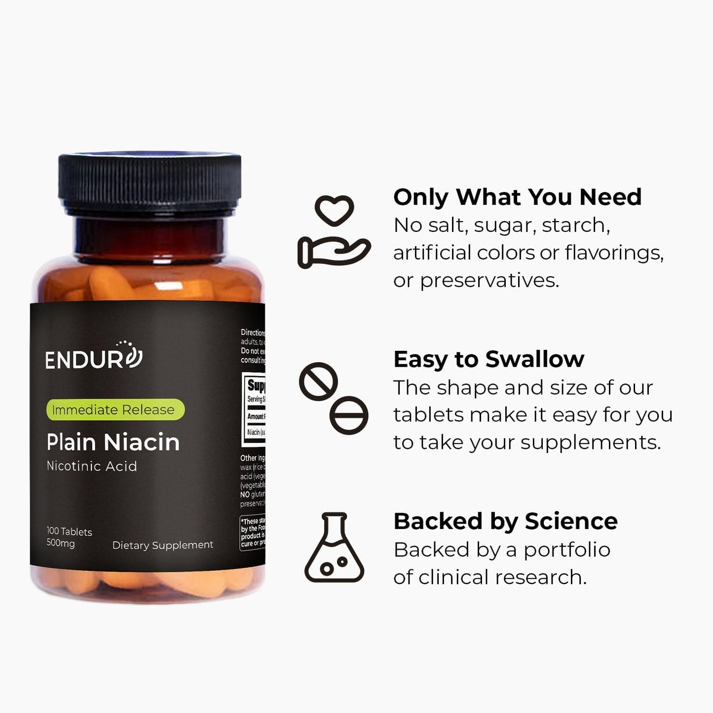 ENDUR Niacin IR 500 mg – Immediate Release Niacin (Vitamin B3) Supplement – 100 Tablets - görsel 5