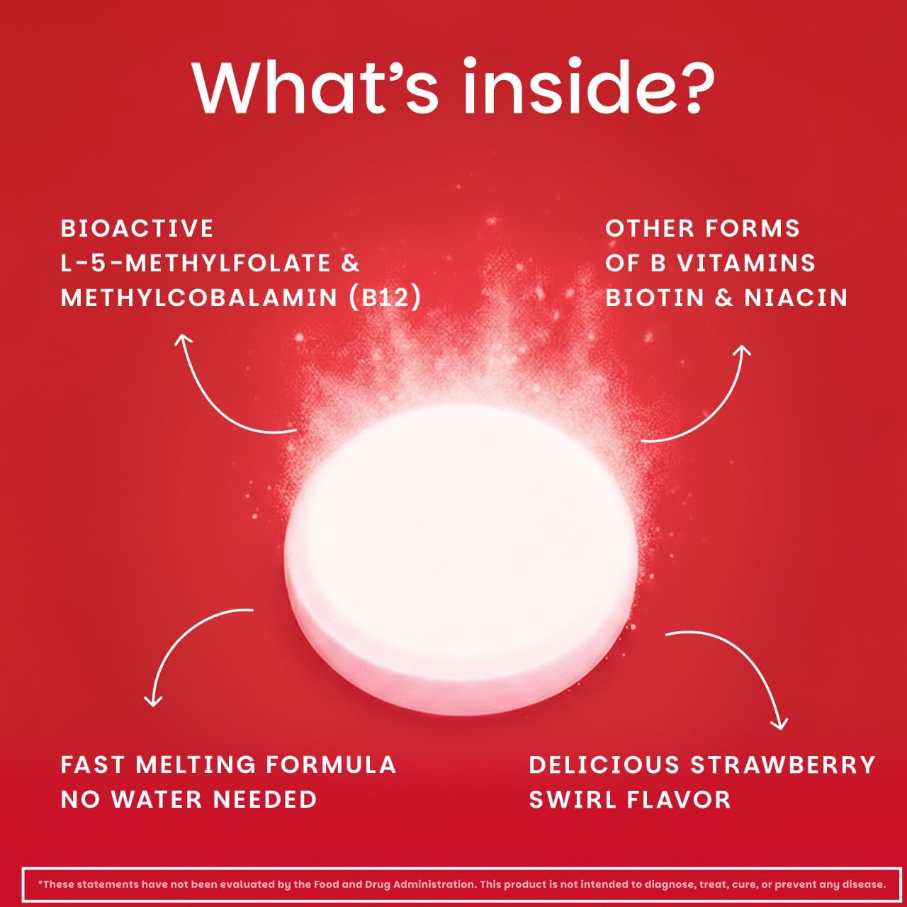 EZ Melts Dissolvable B-Complex - Vitamin B Complex with Methylated B12 & Folate - Strawberry Swirl - 60 Tablets - görsel 4