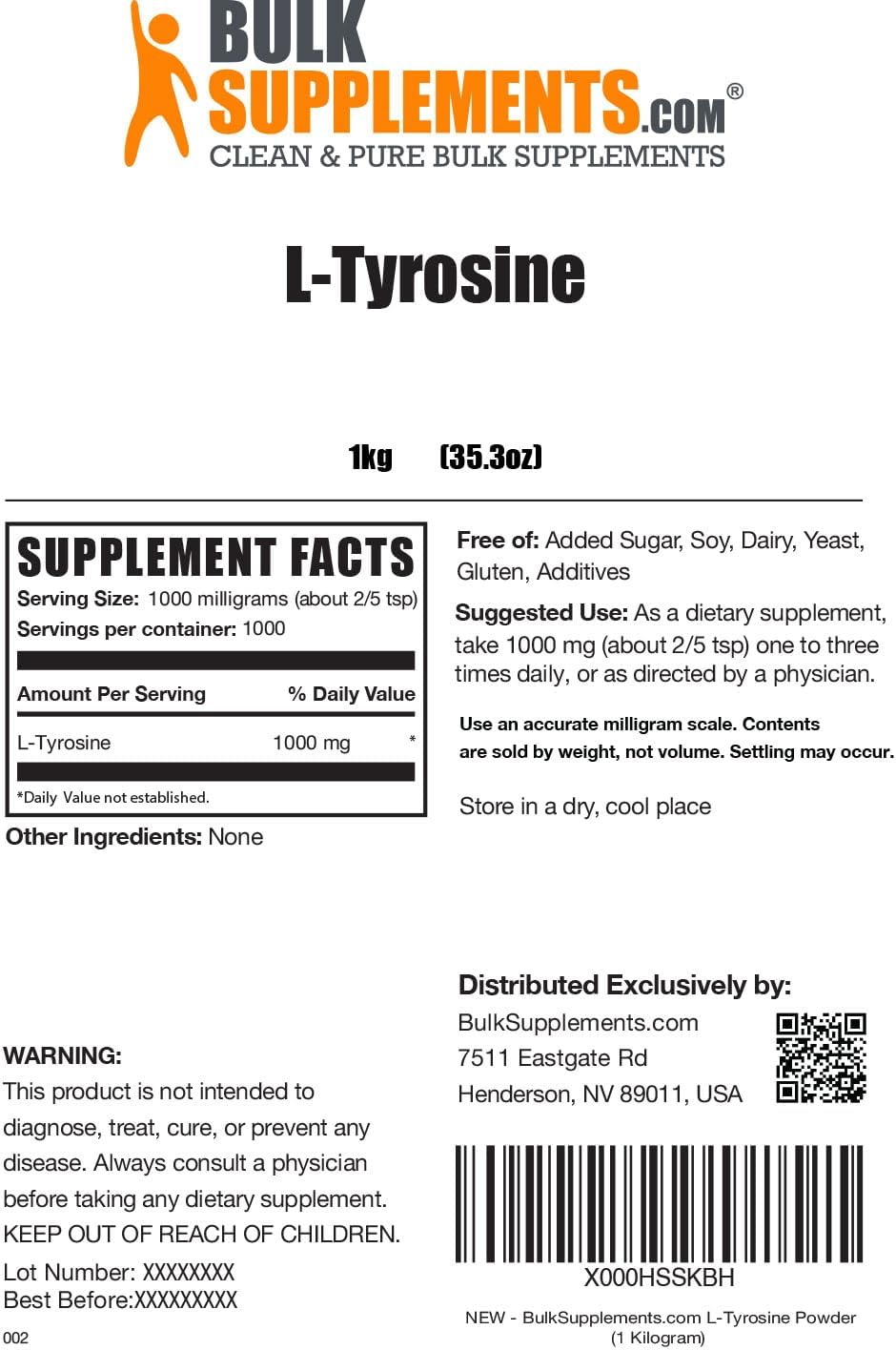 BulkSupplements L-Tyrosine Powder – 5kg, Unflavoured, Gluten-free, 500mg per Serving - görsel 2