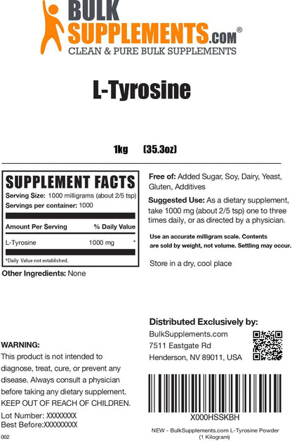 BulkSupplements L-Tyrosine Powder – 5kg, Unflavoured, Gluten-free, 500mg per Serving
