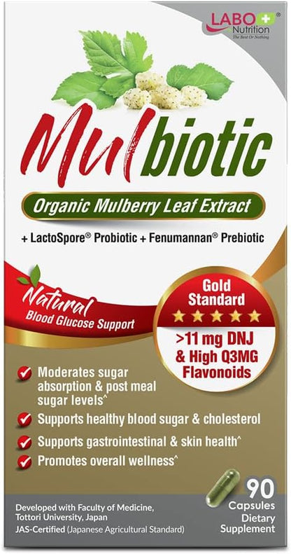 LABO Nutrition Mulbiotic Capsules - Organic Mulberry Leaf Extract + LactoSpore Probiotic & Fenumannan Prebiotic