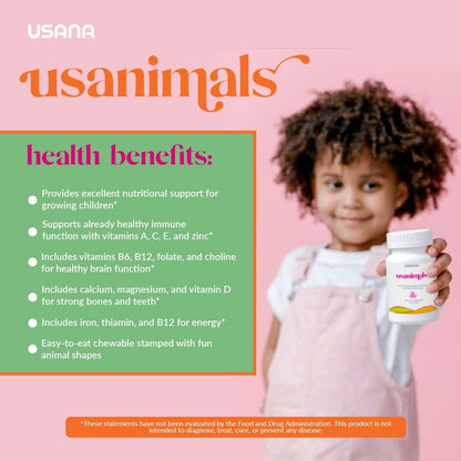 USANA Usanimals Multivitamin for Kids - Daily Chewable Tablets with Vitamins A, C, D, E, B6, B12, Zinc, Iron - Supports Immune & Bone Health - Essential Nutrients for Ages 2-12 - 56 Tablets