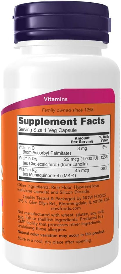 NOW Foods Vitamin D-3 & K-2, 120 Vegetable Capsules (2-Pack)