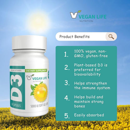 Vitamin D3 5000 IU Vegan Capsules - Gluten-free, Non-GMO - 60 Softgels