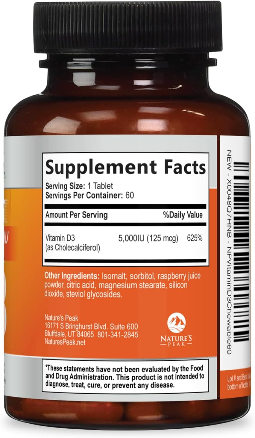 Vitamin D3 5000 IU (125 mcg) Chewable Tablets - Vegan, Gluten-free, Natural Raspberry Flavour - 60 Count - görsel 9