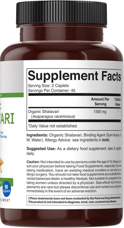 Brieofood Organic Shatavari 1500mg, 90 Vegetarian Tablets