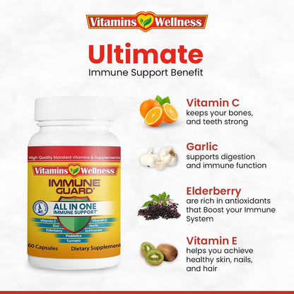Vitamins Wellness Immune Guard – 10 in 1 Immune Support Supplement with Elderberry, Zinc, Vitamin C, Turmeric, Garlic and Echinacea – 60 Capsules