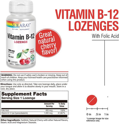 SOLARAY Vitamin B-12 1000mcg Lozenges with Folic Acid - Natural Cherry Flavour