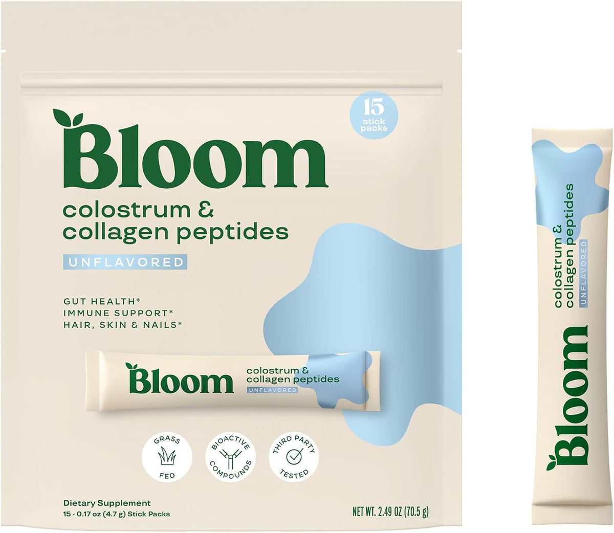 Bloom Nutrition Bovine Colostrum Powder Packet, Gut Health, Immune Support, Hair Growth & Beauty Supplement, Gluten-free, Sugar Free | Unflavoured, 15 Servings - görsel 1