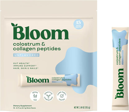 Bloom Nutrition Bovine Colostrum Powder Packet, Gut Health, Immune Support, Hair Growth & Beauty Supplement, Gluten-free, Sugar Free | Unflavoured, 15 Servings