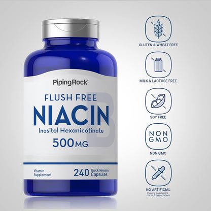 Piping Rock Niacin 500mg Flush Free | 240 Capsules | Vitamin B3 Food Supplement