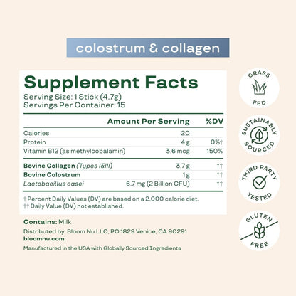 Bloom Nutrition Bovine Colostrum Powder Packet, Gut Health, Immune Support, Hair Growth & Beauty Supplement, Gluten-free, Sugar Free | Unflavoured, 15 Servings