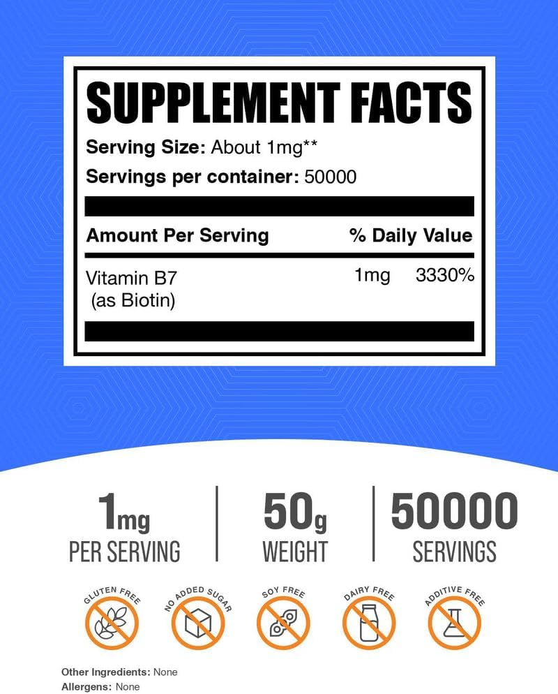 BulkSupplements.com Pure Biotin Powder - Vitamin B7, 1mg per Serving, 50g (1.76 oz) - görsel 2