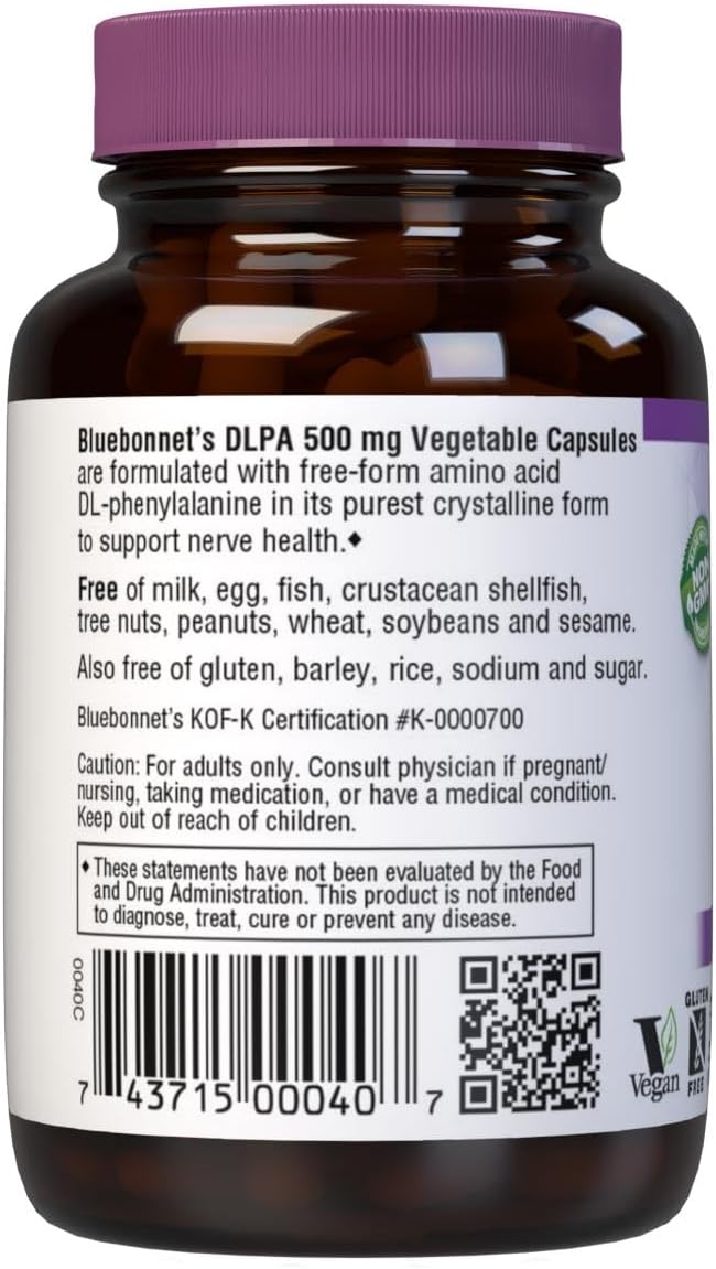 Bluebonnet Nutrition DLPA (DL-Phenylalanine) 500 mg, Free-Form Amino Acid, for Nervous System Support - 30 Vegan Capsules - görsel 3