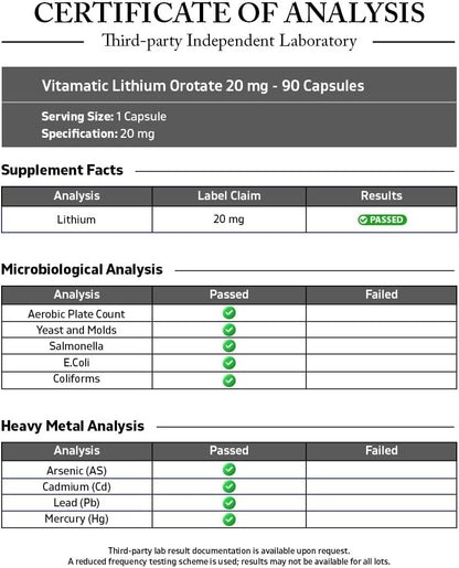 Vitamatic Lithium Orotate 20 mg, 90 Vegetable Capsules - Non-GMO, Gluten-free