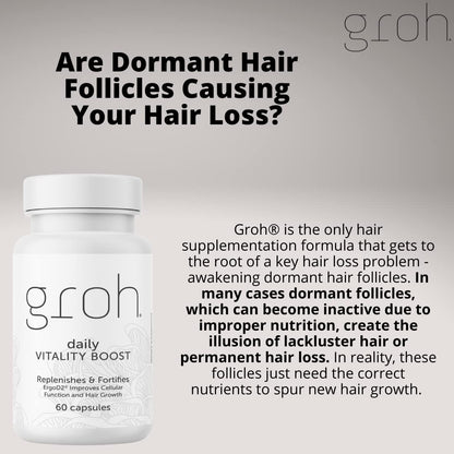 Groh Daily Vitality Boost - All Natural Hair, Skin and Nails Supplement with ErgoD2 - 60 Capsules
