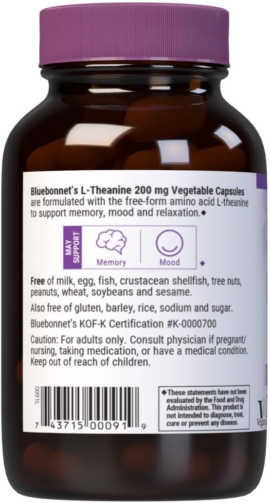 Bluebonnet Nutrition L-Theanine 200mg, Free-Form Amino Acid, Promotes Relaxation, Vegan, 60 Capsules - görsel 3