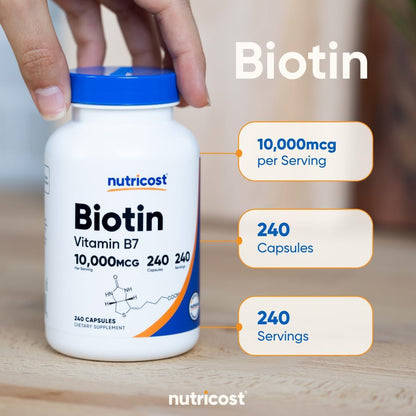 Nutricost Biotin (Vitamin B7) 10,000 µg (10 mg) Supplement, 240 Capsules – Vegetarian, Gluten-free, Non-GMO
