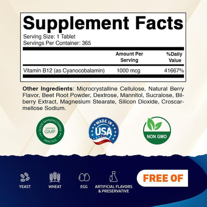 Vitamatic Vitamin B12 1000 mcg Fast Dissolve Tablets – Natural Berry Flavour – 365 Tablets per Bottle – Supports Energy Metabolism & Nervous System Health