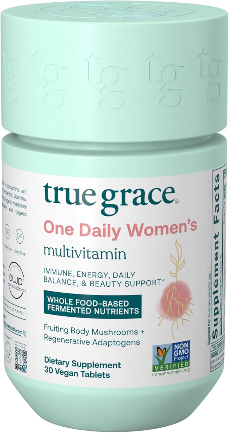 True Grace One Daily Women's Multivitamin with Fermented Minerals, Organic Adaptogens & Mushrooms - Whole Body Balance, Immune, Energy, Beauty Support - Non-GMO, Gluten-free, Soya Free - 30 Vegan Tablets - görsel 1