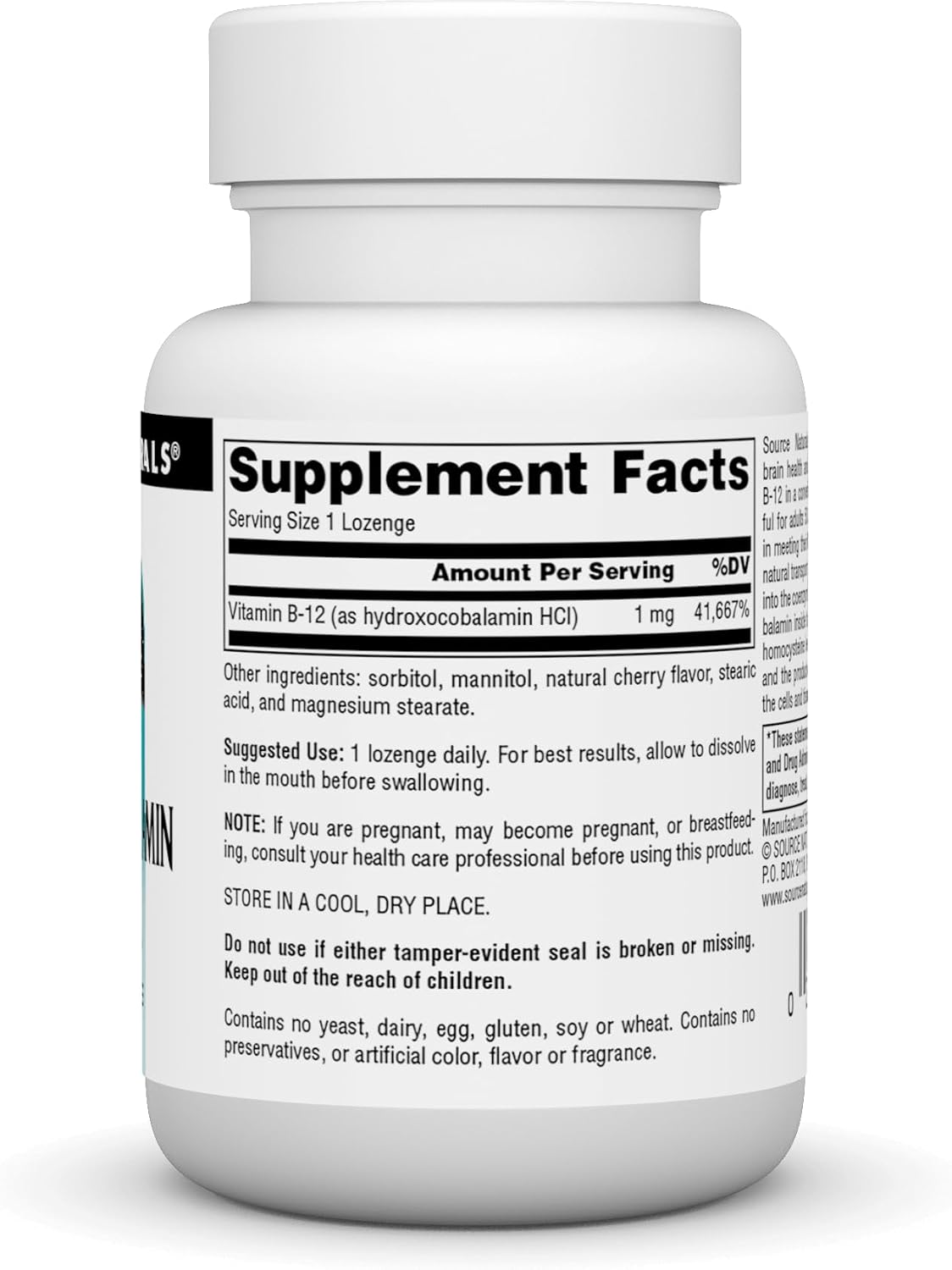 Source Naturals Hydroxocobalamin, Vitamin B-12, 1 mg - 60 Cherry Flavoured Lozenges - görsel 2