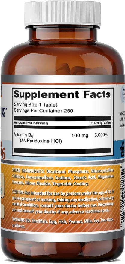 Amazing Formulae Vitamin B6 Food Supplement - 100 mg Pyridoxine Tablets, 250 Count