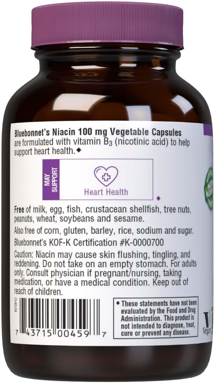 Bluebonnet Niacin 100 mg Vitamin B3 Nicotinic Acid – Supports Normal Energy Metabolism and Skin Health – Non-GMO, Vegan, Kosher, Gluten-Free Flush Niacin Supplement – 90 Vegetable Capsules - görsel 3