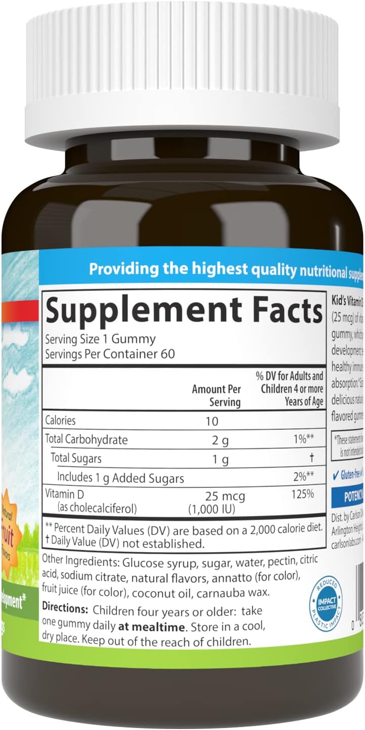 Carlson Kid's Vitamin D3 Gummies, 1000 IU (25 µg), Natural Fruit Flavours, 60 Vegetarian Gummies - görsel 7