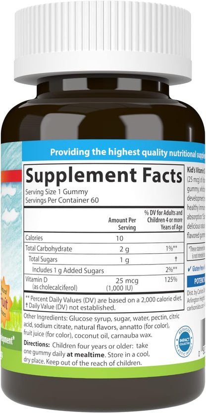 Carlson Kid's Vitamin D3 Gummies, 1000 IU (25 µg), Natural Fruit Flavours, 60 Vegetarian Gummies