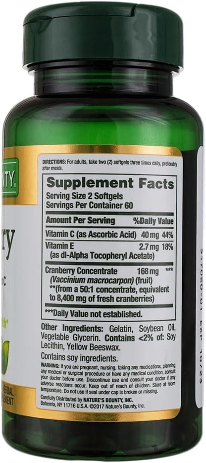 Nature's Bounty Cranberry Softgels Plus Vitamin C, 120 Softgels