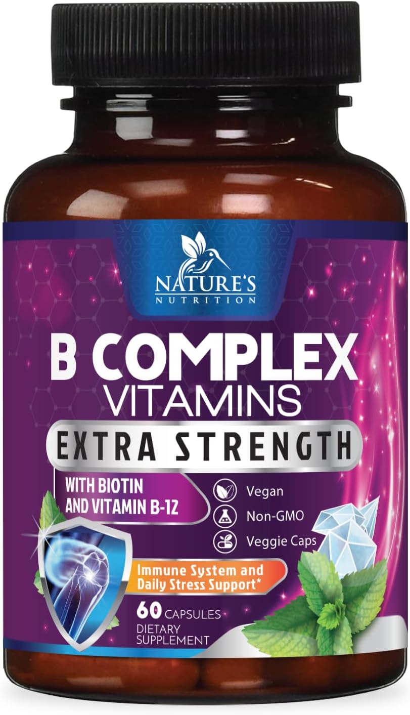 B Complex Vitamins Capsules - Super Complete B-100 Complex with Vitamin B12, B6, C, Biotin, Folate & Folic Acid for Immune & Energy Support - Supplement for Heart, Brain, & Nerve Support - 60 Capsules - görsel 1
