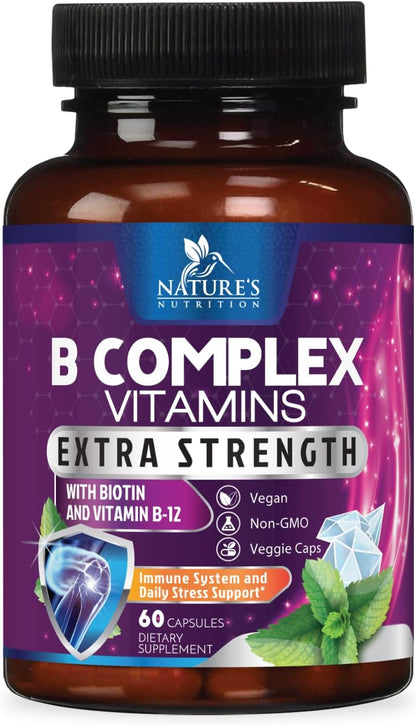 B Complex Vitamins Capsules - Super Complete B-100 Complex with Vitamin B12, B6, C, Biotin, Folate & Folic Acid for Immune & Energy Support - Supplement for Heart, Brain, & Nerve Support - 60 Capsules